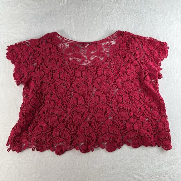 Torrid Plus 0X Top Crochet Layering Cropped Scoop Neck Dark Pink Short Sleeve - Picture 12 of 13